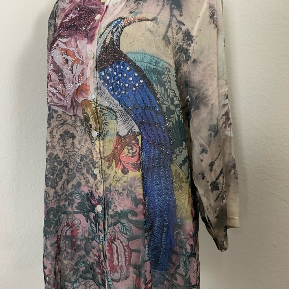 Schiffhauer Munich Cardigan Sweater Floral Semi Sheer Jeweled Womens L Art - Picture 7 of 17